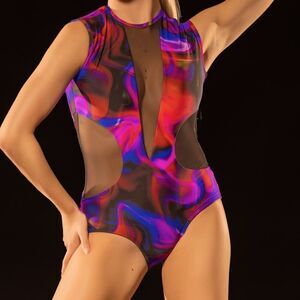LA dance designs tie dye colorful purple blue OLIVIA LEOTARD mesh cut child LC